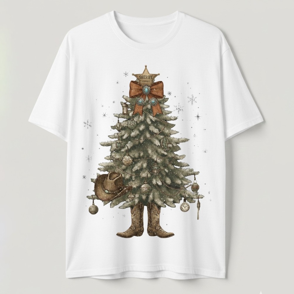Western Christmas Tree T-Shirt Cowboy Sheriff Boots Rodeo Holiday Cowgirl Gift