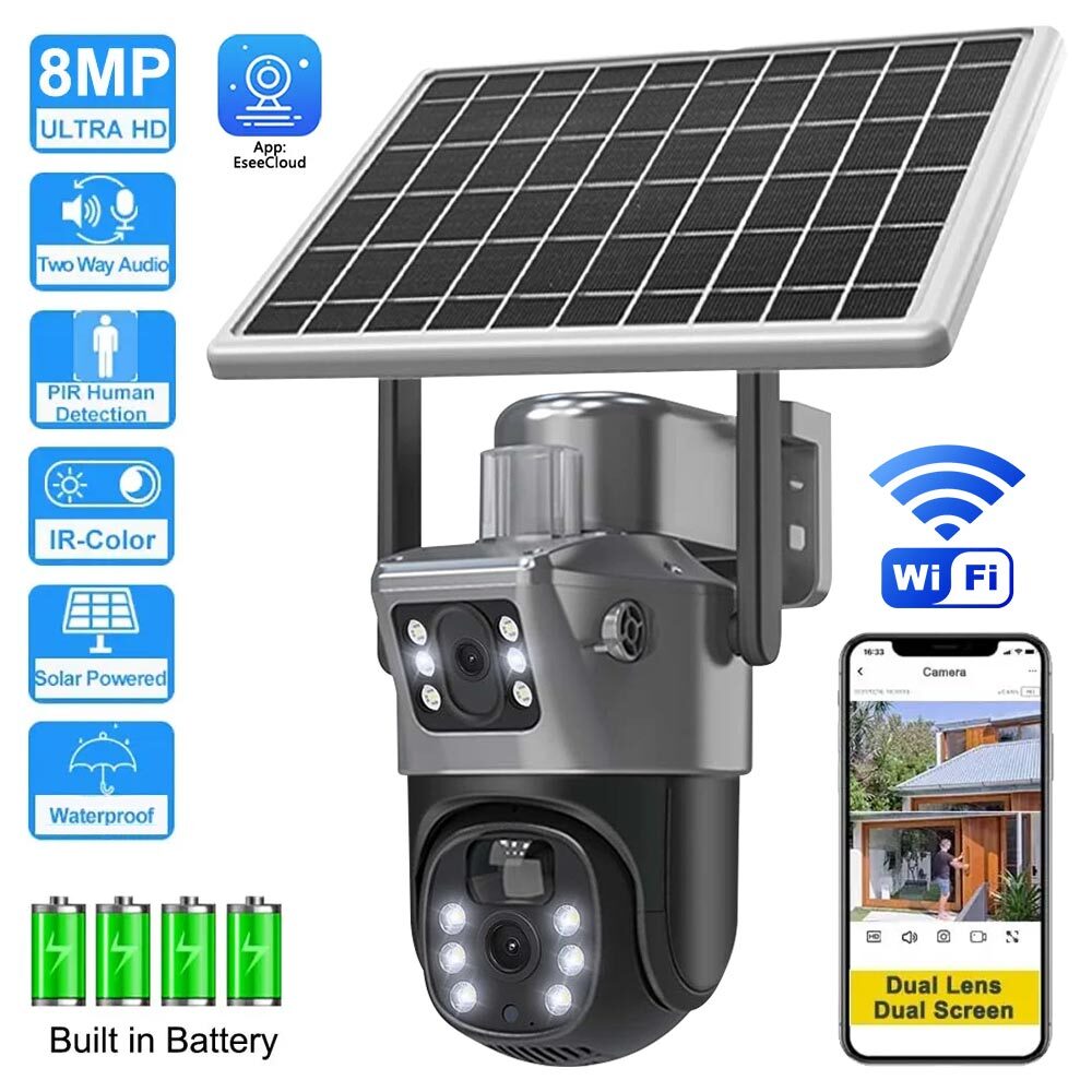 Solar Cameras Outdoor 8MP 4K Dual Screen WiFi Cctv PTZ Camera with Night Vision