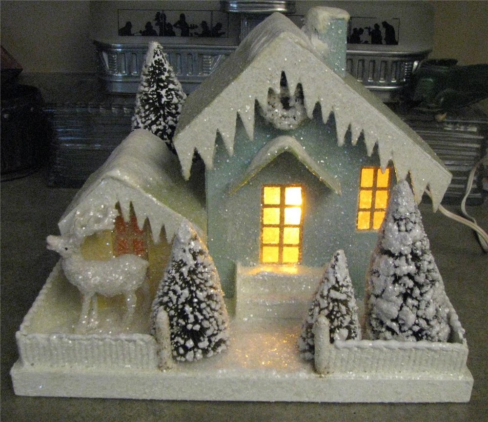 Bethany Lowe Xmas Cardboard Large Putz House Reindeer Snowy Brush Trees Light