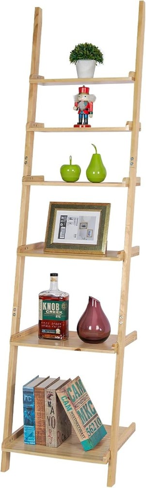 6-Tier Ladder Shelf Natural Pine Wood Tall Stair Storage Rack Display Shelf