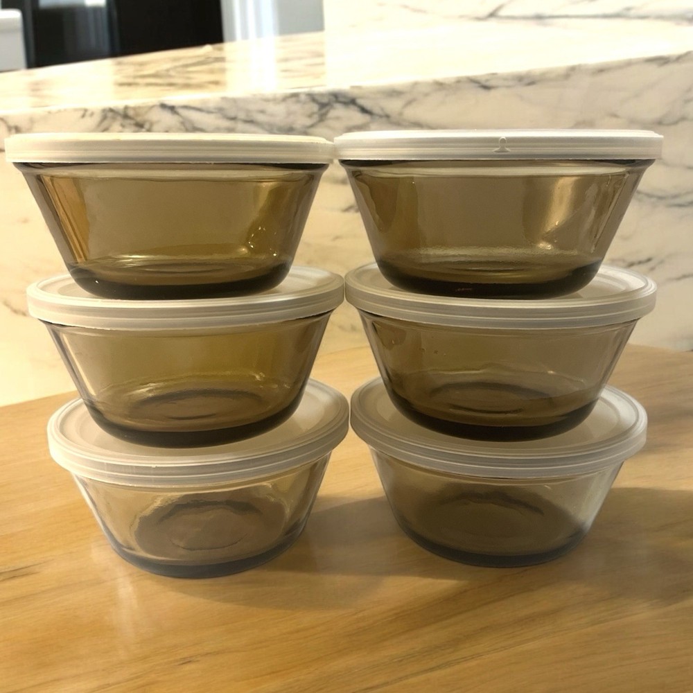Vintage Set of 6 Brown Glass Custard Dessert Cups Plastic Lids, 6 Oz Free Ship