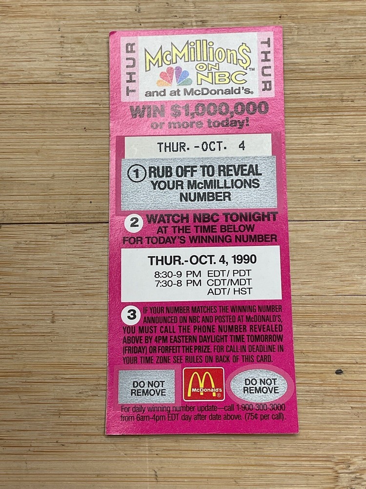 VTG McDonalds McMillions On NBC Game Piece Ticket 1990 October 4th S54