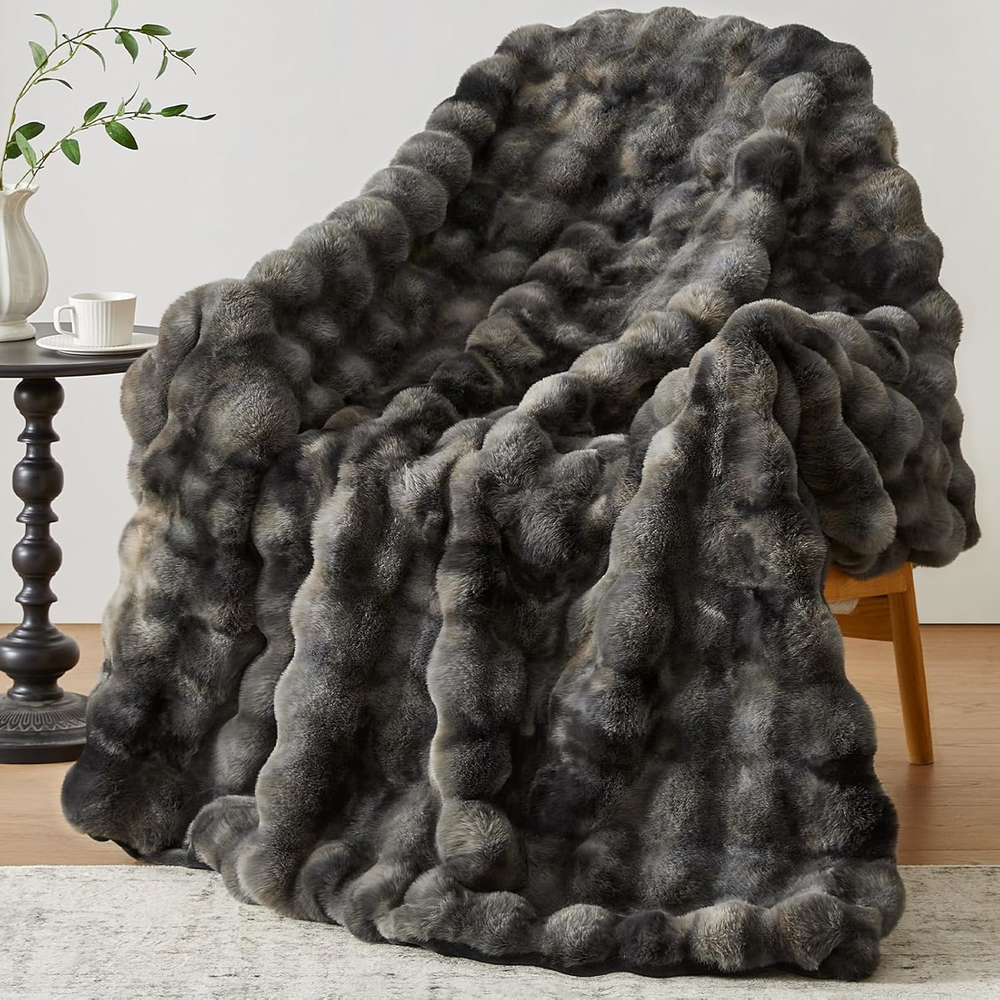 Soft Cozy 1000GSM Faux Fur Rabbit Tie-Dye Grey Throw Blanket 50x60