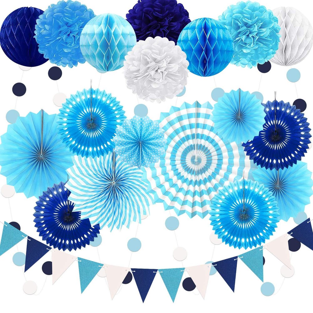Navy Blue Party Decoration23Pcs Hanging Paper FansPom Poms FlowersGarland Str...