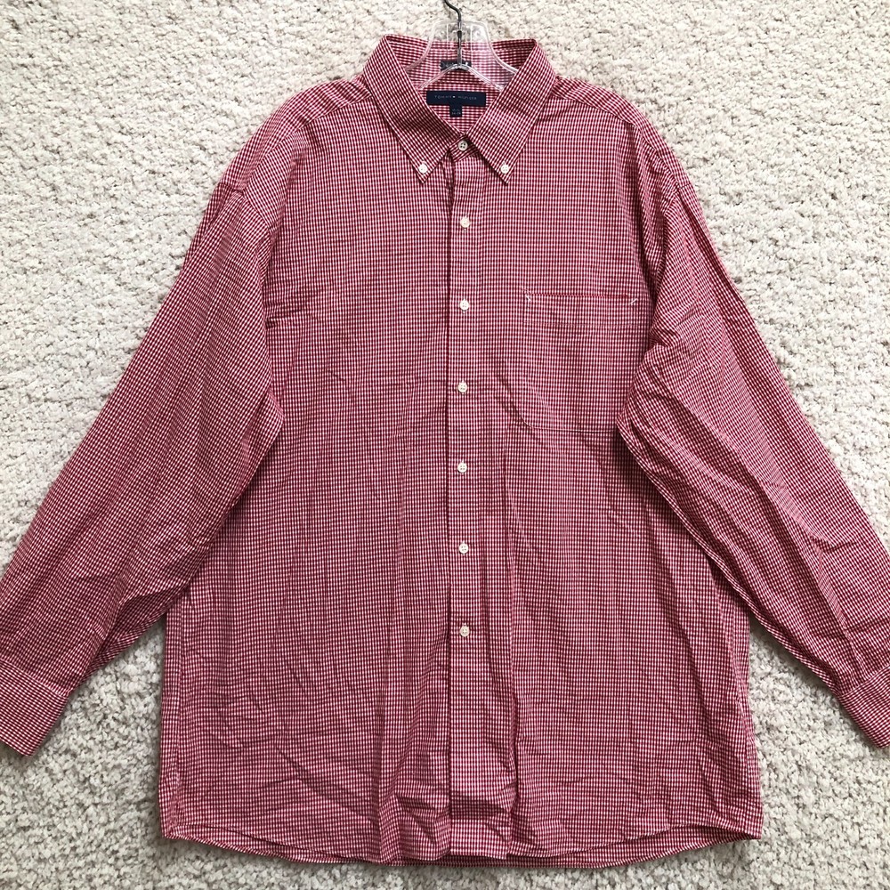 Tommy Hilfiger Dress Shirt 17.5 Adult Red Button Down Check Regular Fit Mens