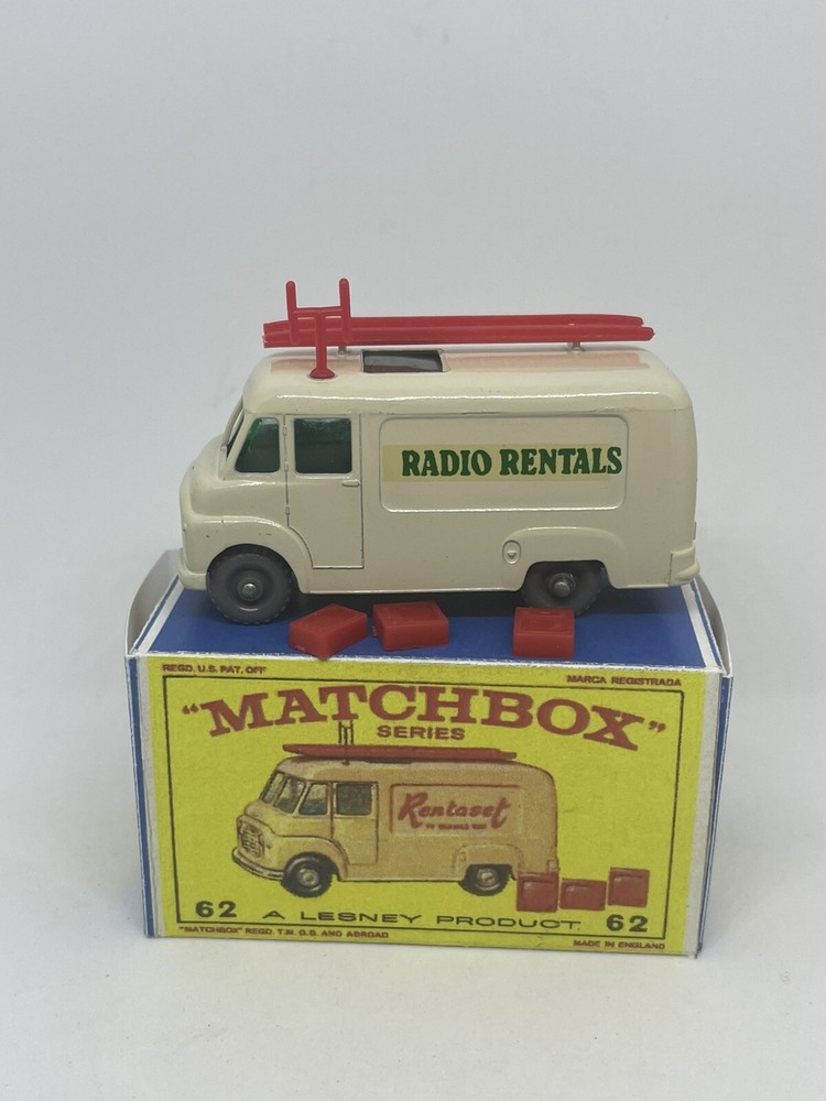 Vintage Lesney Matchbox 62 Custom TV Service Radio Rental Grey Wheels Repro Box.