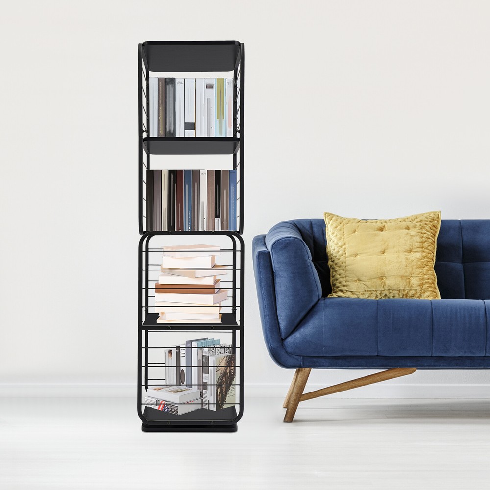 4 Tier 360° Rotating Bookcase Black Square Shelf Display Rack