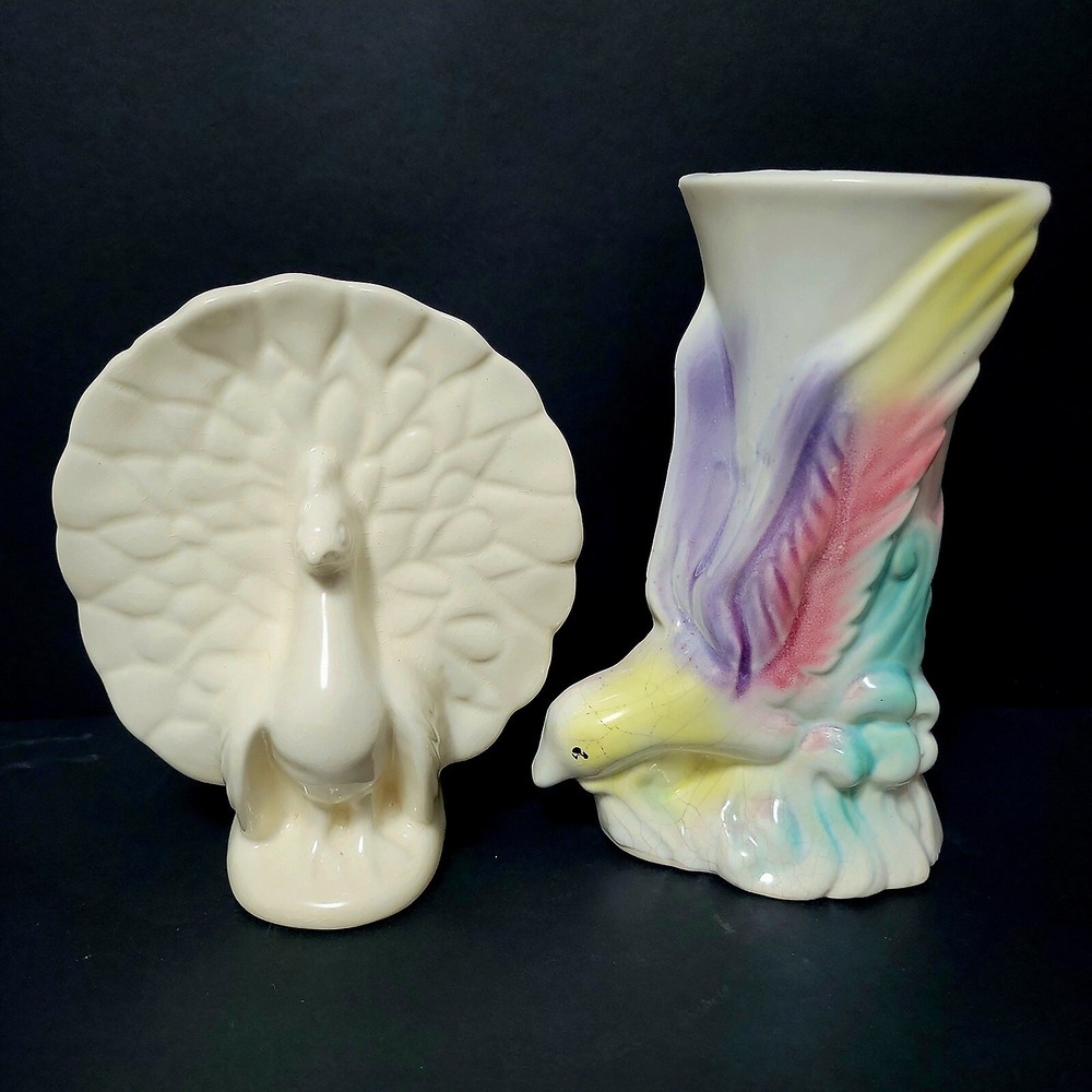 McCoy/Morton Pottery Ivory Peacock Pastels Bird of Paradise 2 WALL POCKET VASES