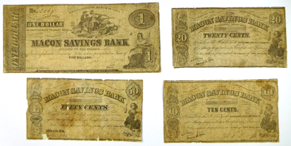 1863 $1, 50¢, 20¢ & 10¢ Macon Savings Bank - Macon, Georgia Obsolete Note Lot