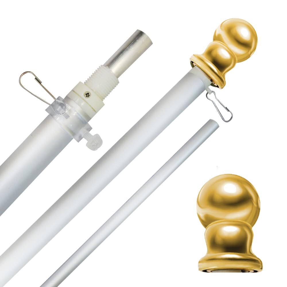 6ft Spinning Flag Pole - Silver Flag Pole & Gold Topper - Outdoor Wall Hangin...