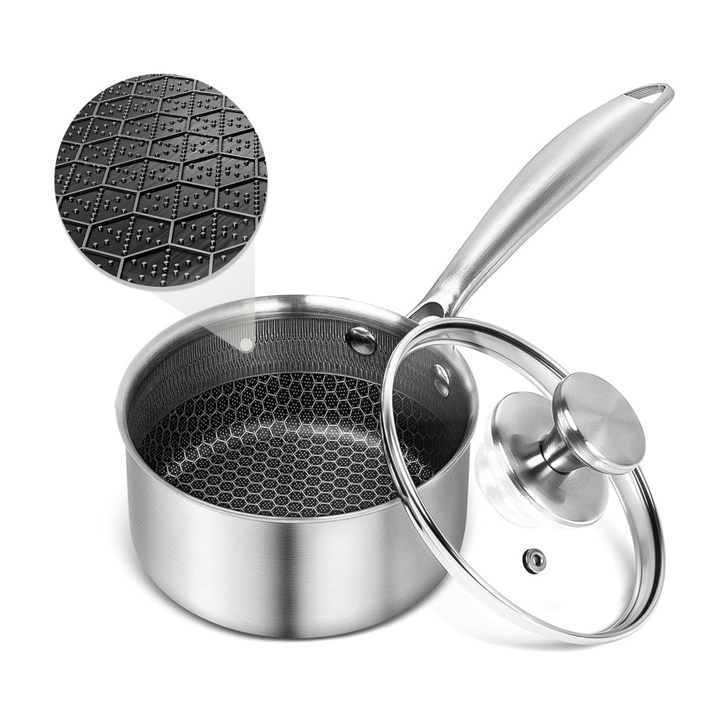 ™ Hybrid Nonstick 1 Quart Stainless Steel Saucepan with Glass Lid, Induction ...