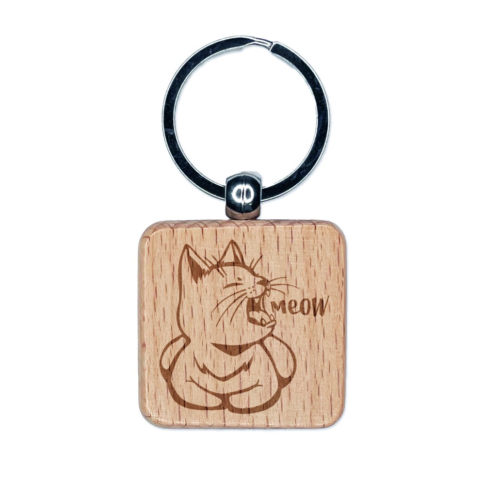 Sleepy Kitty Yawning Meow Engraved Wood Square Keychain Tag Charm