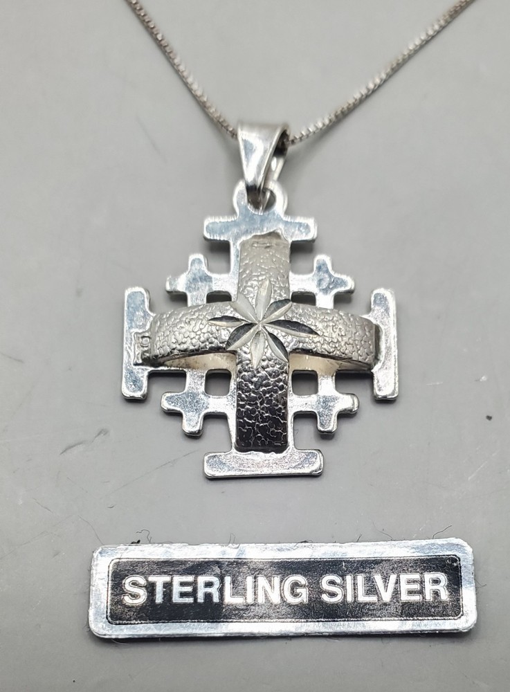 STERLING SILVER JERUSALEM ISRAEL Domed Cross Pendant + 18