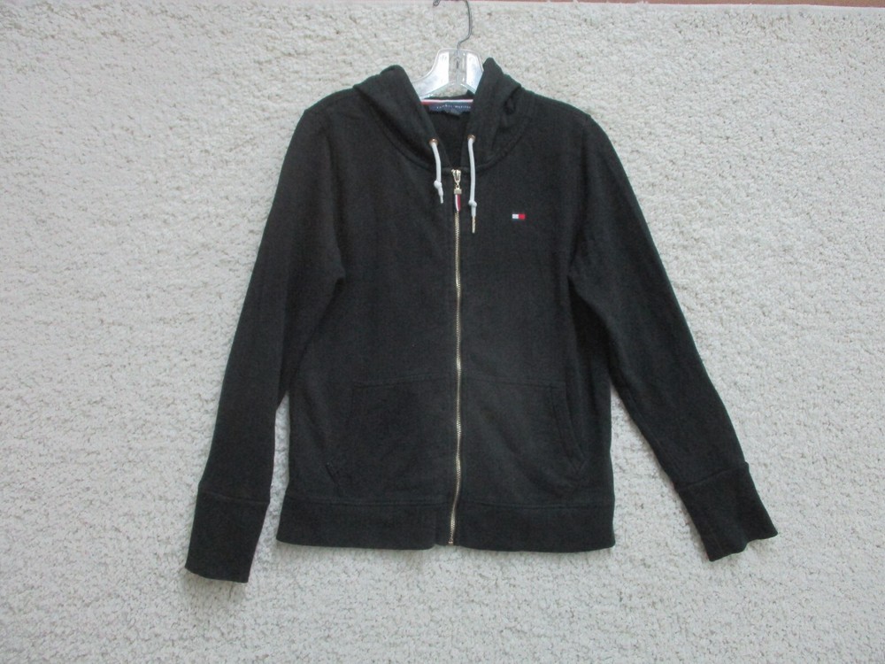 Tommy Hilfiger Black Full Zip Hoodie with Logo Flag for Women - Small