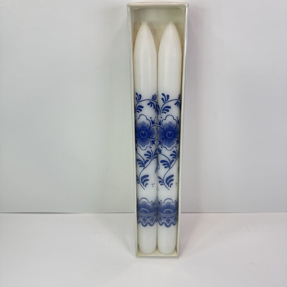 Blue Floral Holland Taper Candles 10 Inch Set of 2 - New