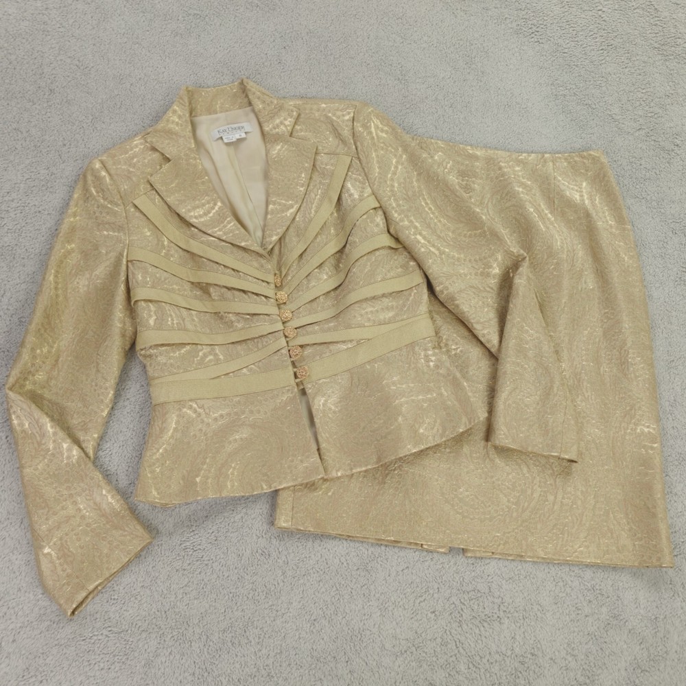 Kay Unger Skirt Suit Womens 6 Gold Paisley Metallic Brocade Formal Wedding