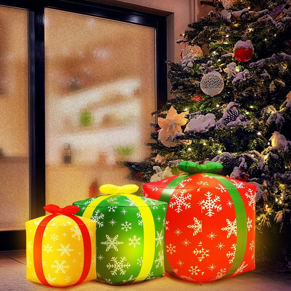 3 Pcs 5 FT Christmas Inflatable Gift Boxes with LED Lights Christmas Blow up ...