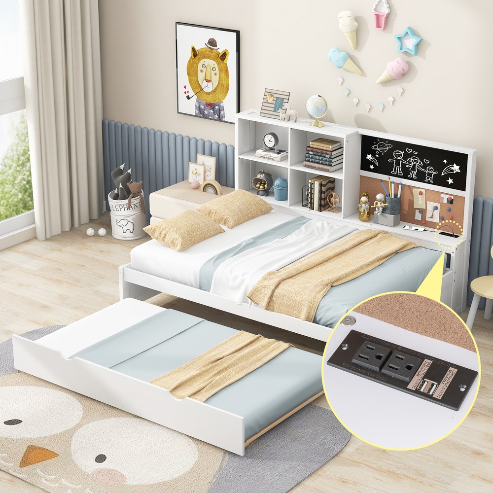 Full Size Daybed with Storage Shelves Blackboard Corkboard USB Ports Twin Size Option