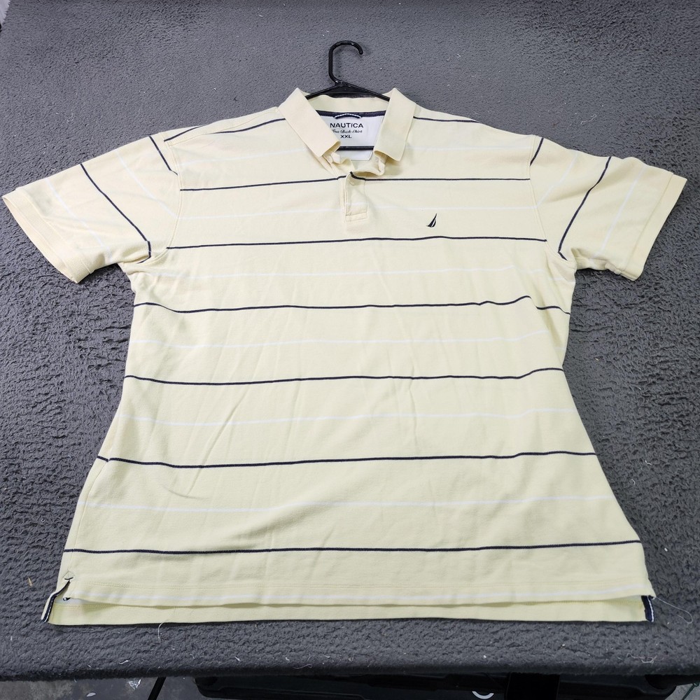 Nautica Polo Shirt Mens 2XL Yellow Stripe True Deck Nautical Short Sleeve Casual