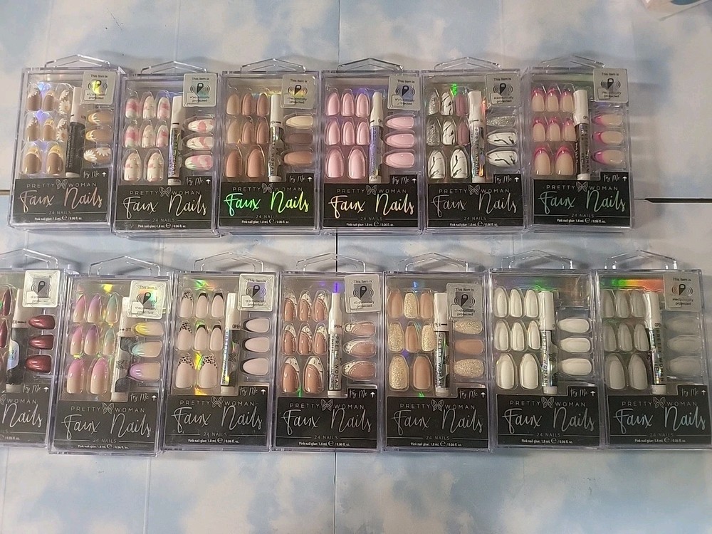 Lot Of 13 Pretty Woman Faux Nails 24 PC Each With Glue,  Medium Length