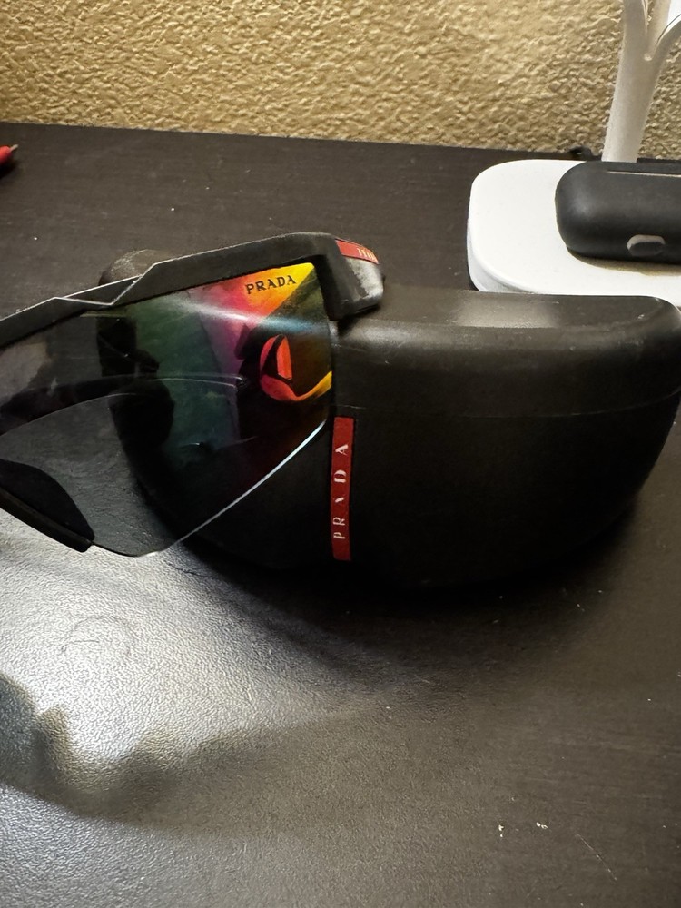 PRADA SPS 02X Shield Rimless Sunglasses Black Mirrored Multicolor Lens