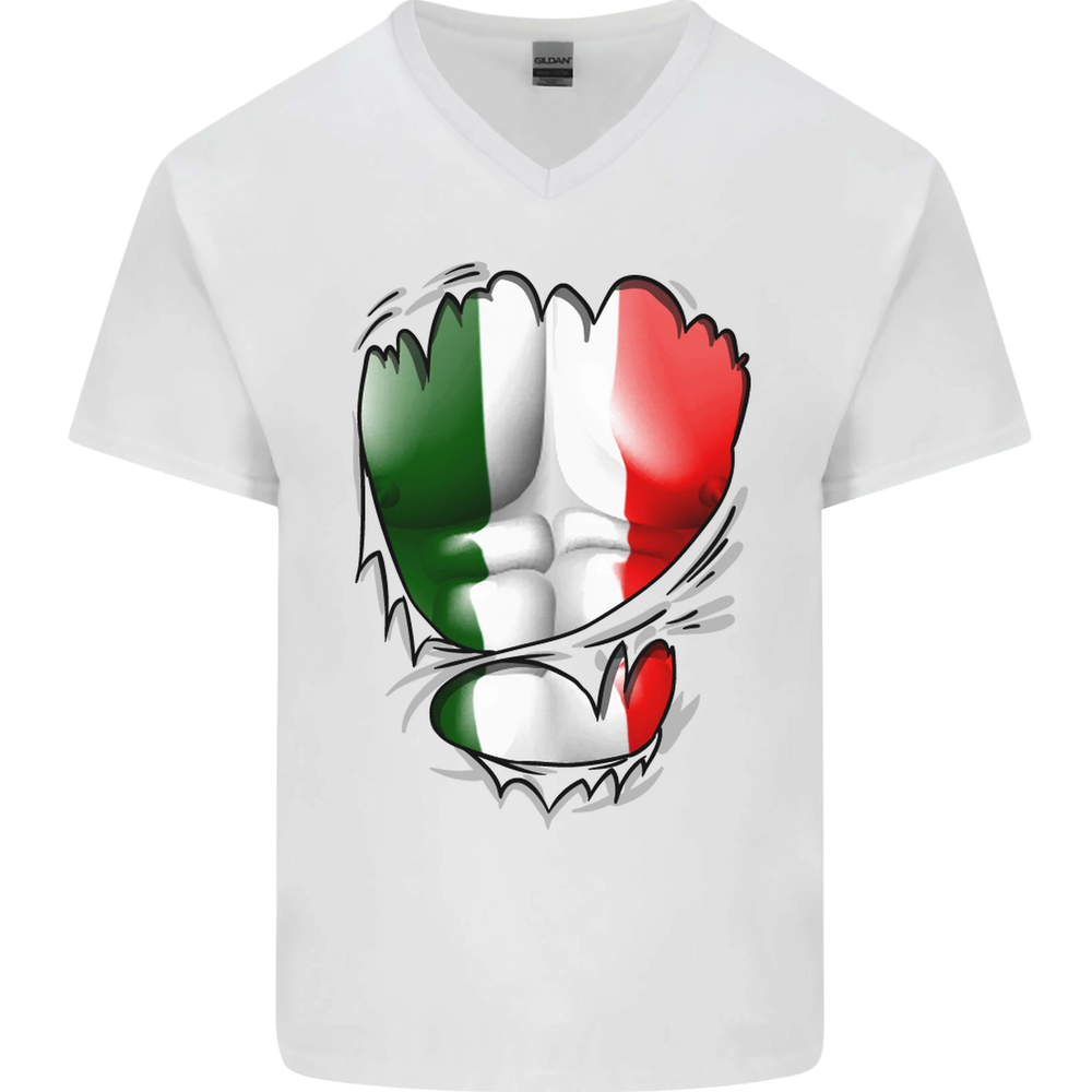 Gym Italian Flag Ripped Muscles Italy Mens V-Neck Cotton T-Shirt