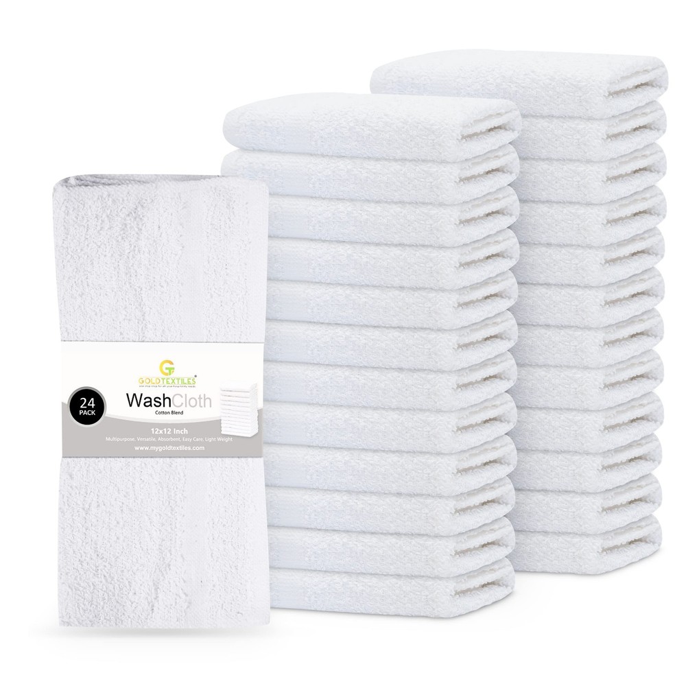 24 Pack Economy White Washcloths Set (12x12 inches) - Cotton Blend Commercial...