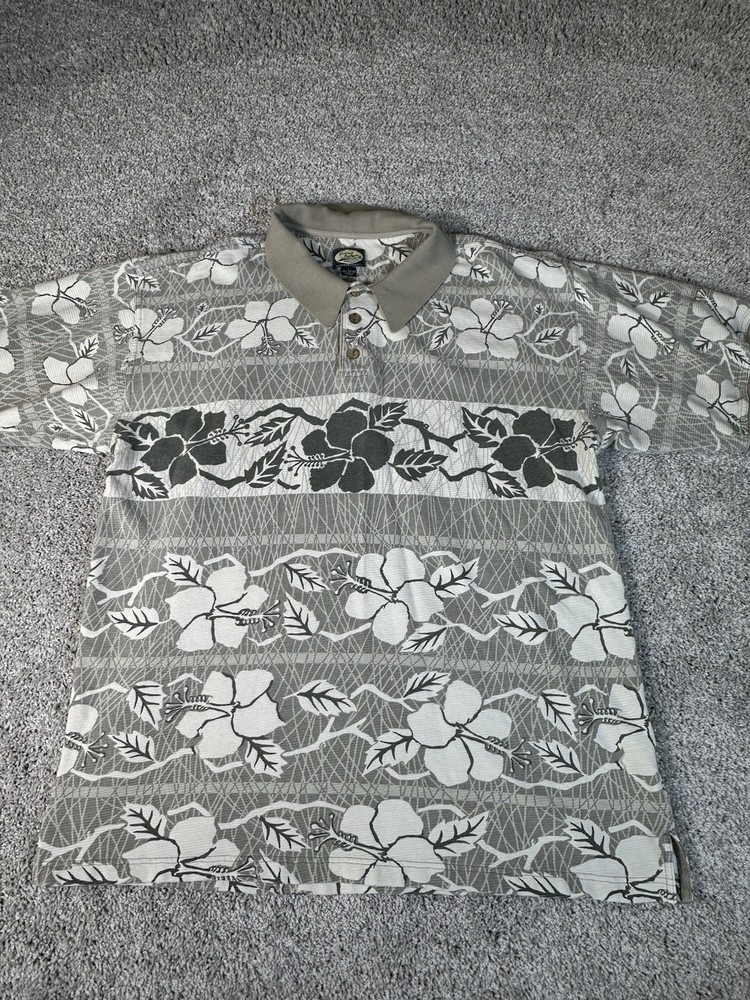 Tommy Bahama Shirt Men’s Large Taupe Floral Polo Hawaiian Tropical Vacation