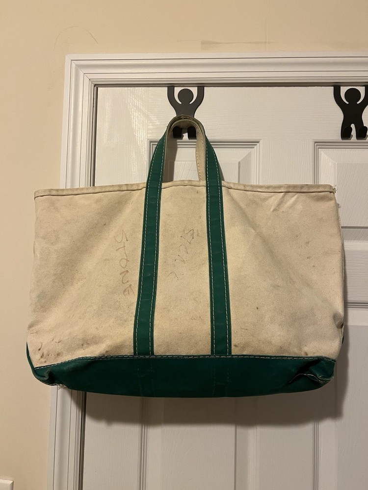 Vintage 80s LL Bean Green Crinkle Tag Canvas Boat Tote Bag Rare USA Made