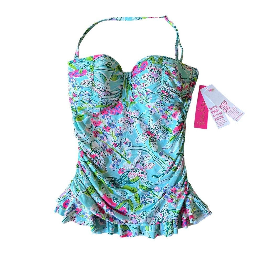 NWT Lilly Pulitzer Carmen Ruffled Tankini Top Bali Blue Sway This Way Size 12