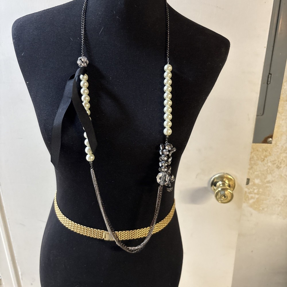 Ann Taylor Statement Necklace Faux Pearls Rhinestone Ribbon Silver Tone