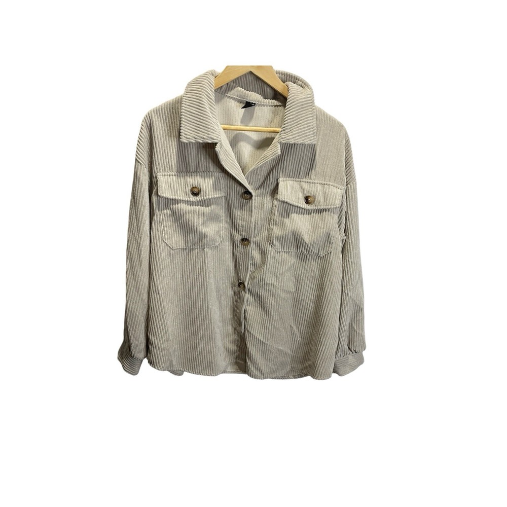 Shein Women Flap Pocket Button Front Corduroy Tan Shirt Jacket S Oversized