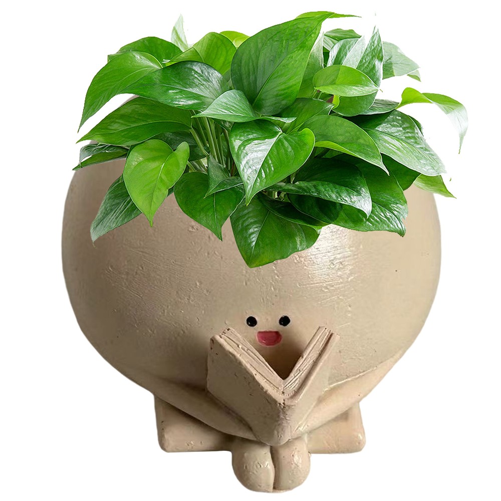 Face Planter Pot Cute Smiling Face Resin Flower Planter Pot Reading Books Shape