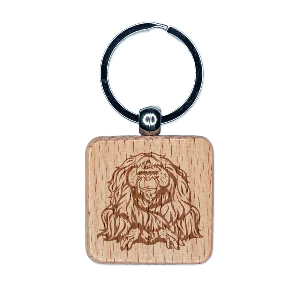 Wise Old Orangutan Great Ape Engraved Wood Square Keychain Tag Charm