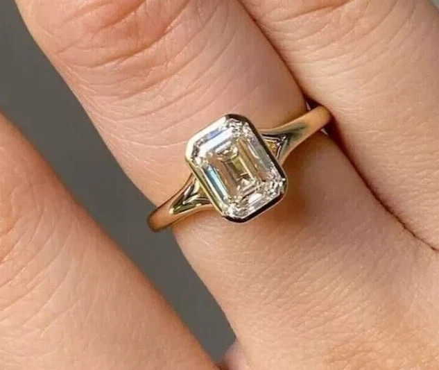 2CT Emerald Cut Lab Created Diamond Women's Wedding Ring 14K Yellow Gold Plated