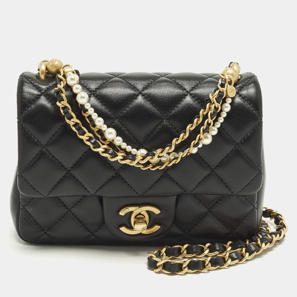Chanel Square Mini Pearl Twist Black Quilted Leather Flap Bag