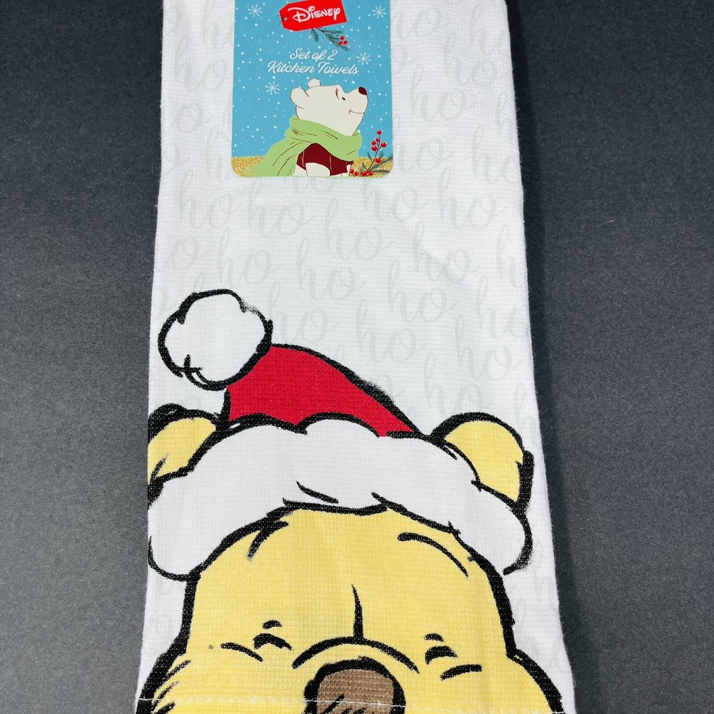 Disney Winnie Pooh 2 Pack Kitchen Hand Towels Christmas Santa Hat Ho Ho Ho NEW
