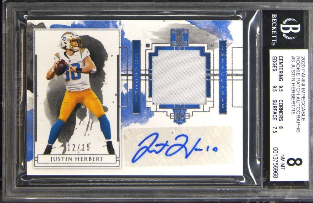 2020 IMPECCABLE JUSTIN HERBERT ROOKIE PATCH AUTO SSP /15 CHARGERS MVP? BGS 8