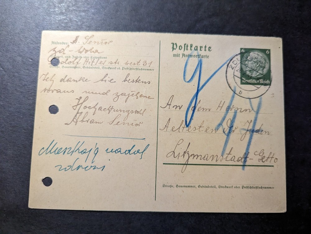 1941 Germany General Government Postcard Cover Zdunska to Litmannstadt Ghetto