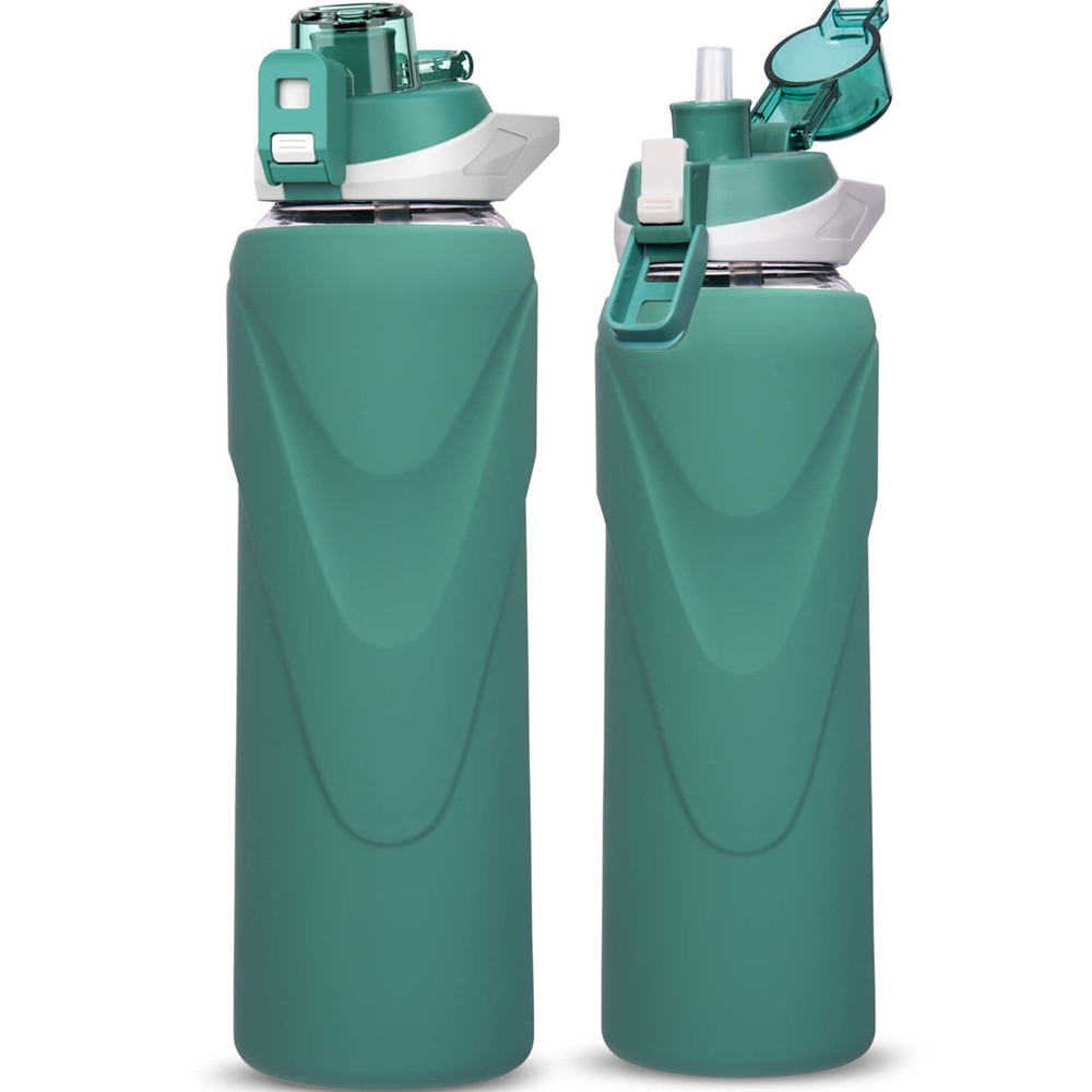 32 oz Sports Glass Water Bottle with Straw & Silicone Sleeve Reusable BPA-fre...