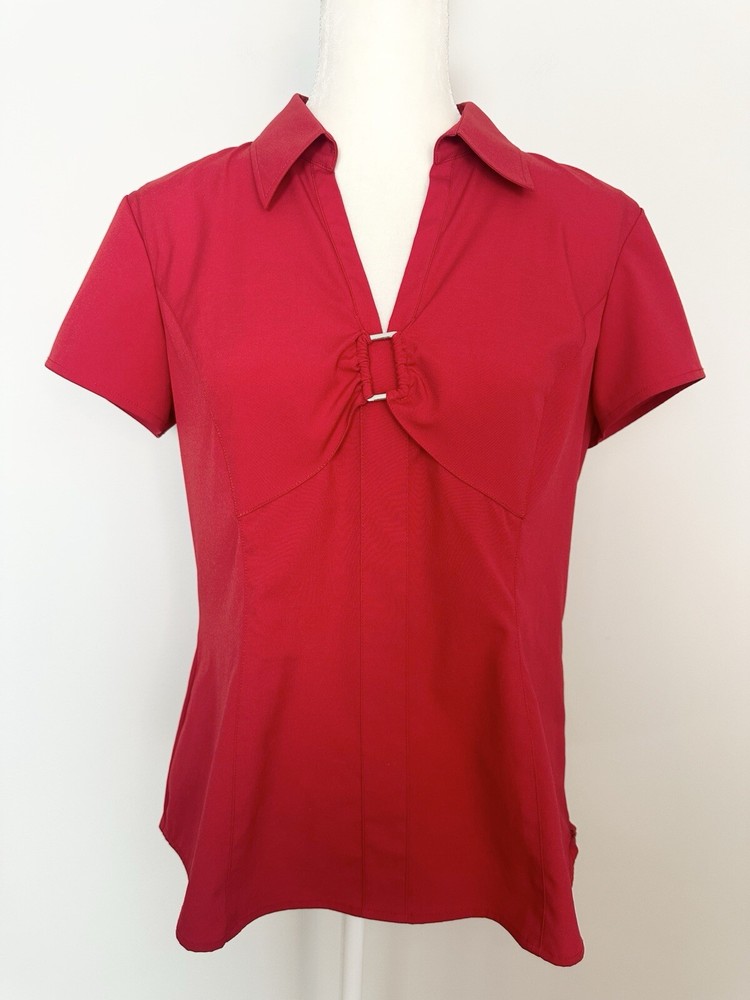 Style & Co. Red V-Neck Beaded Stretch Blouse Size 12 Short Sleeve Zipper Detail