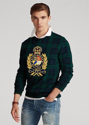 Polo Ralph Lauren Long Sleeve Fleece Sweatshirt  Navy Green Plaid Shield  XXL