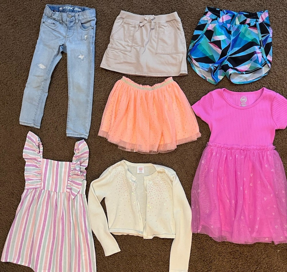 Bundle Of 7, 4t Girls Dresses, Jeans, Shorts, Skirts, Jacket, Sparkles, Heart