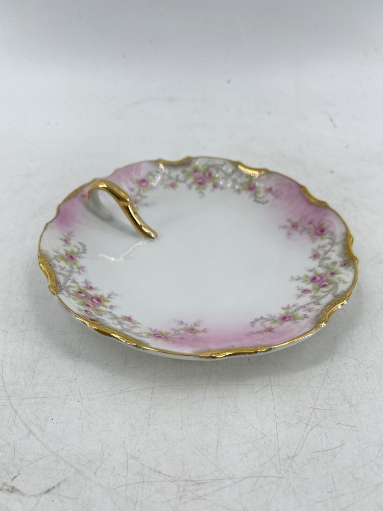 Vintage Lefton China Hand Painted Pink Flowers Trinket Nappy Dish Gold Trim 6