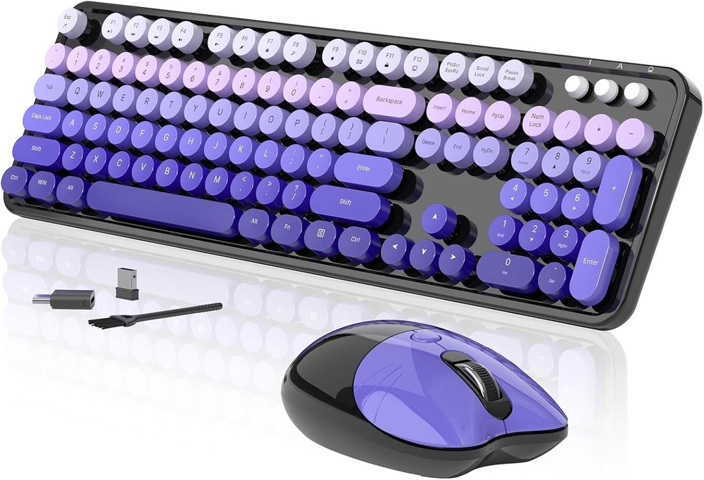 Full-size Wireless Keyboard and Mouse Bundle with OTG & Brush Purple Pink