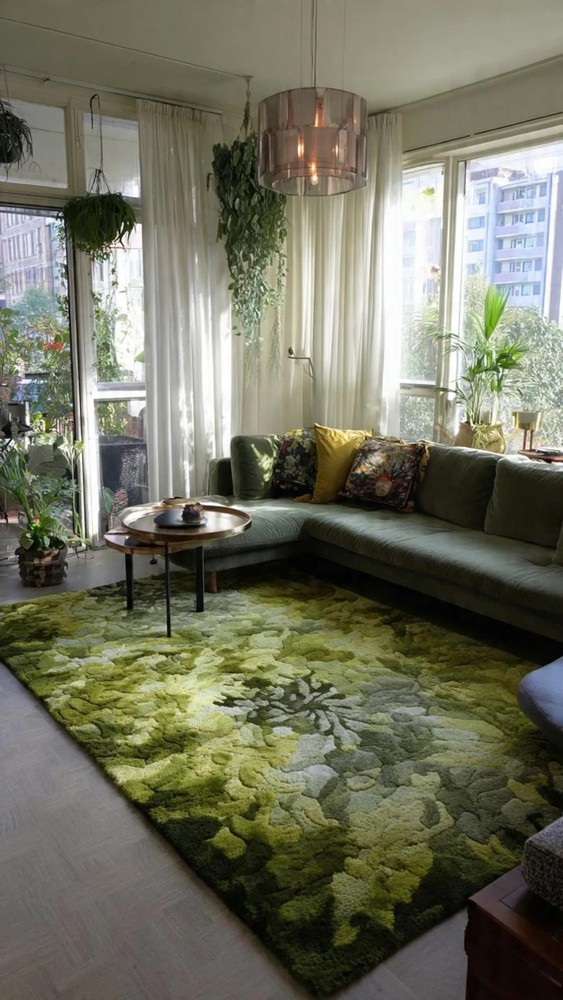 Floral Green Moss Hand Tufted Woolen Rug: Botanical Biophilic Home Decor