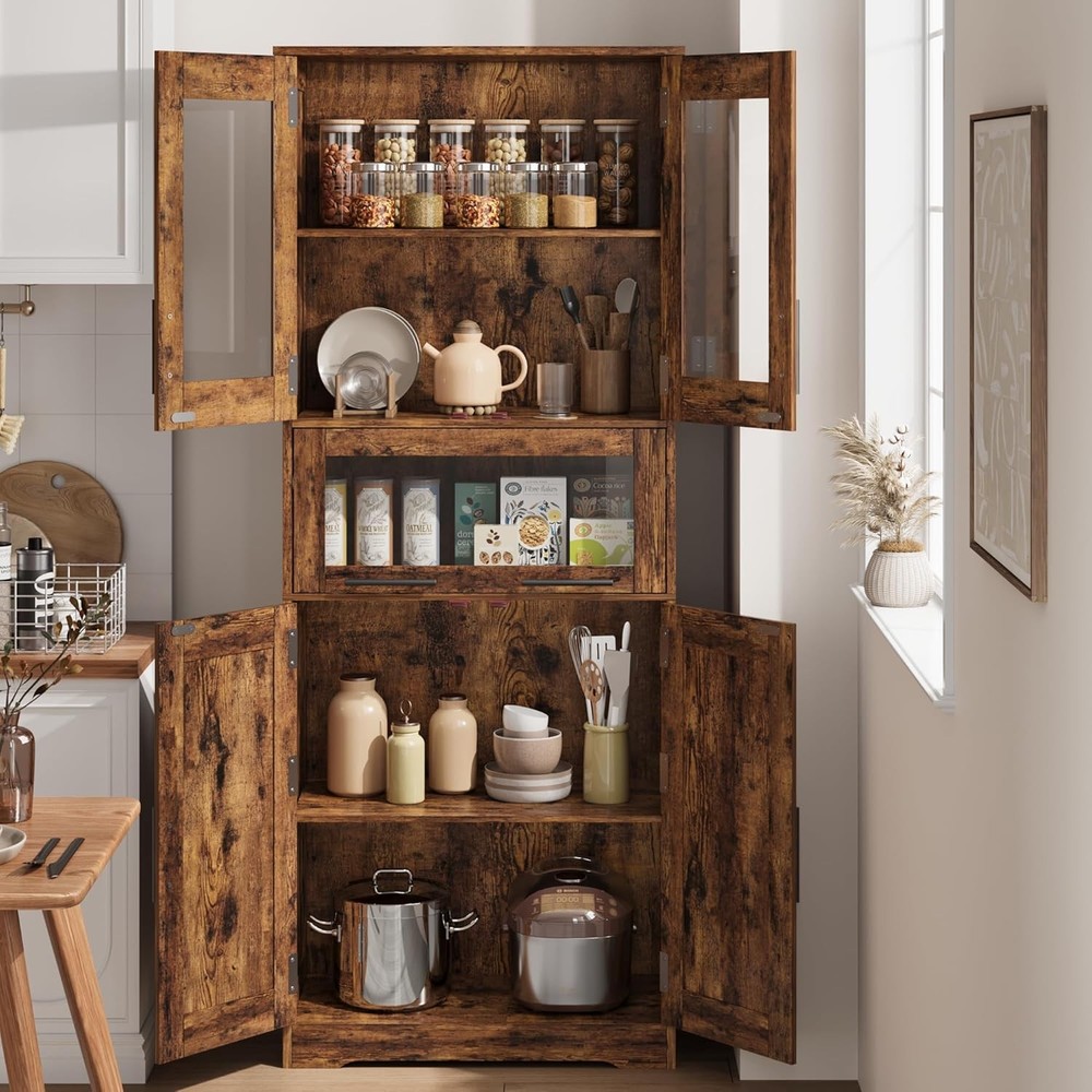 Pantry Cabinet Tall Storage Cabinet w/ Glass Doors Shelf Freestanding Cupboard