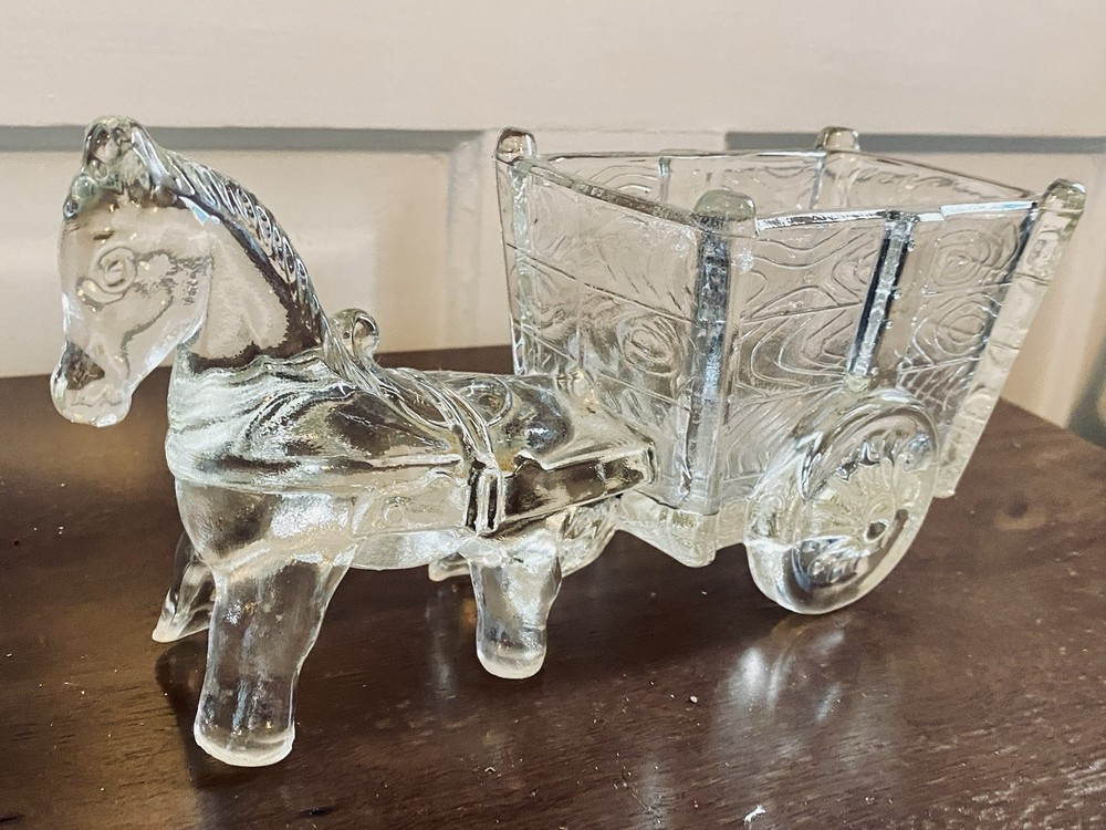 Vintage 1950s Clear Jeannette Glass Horse and Cart Candy Dish 9.5 Inches Long