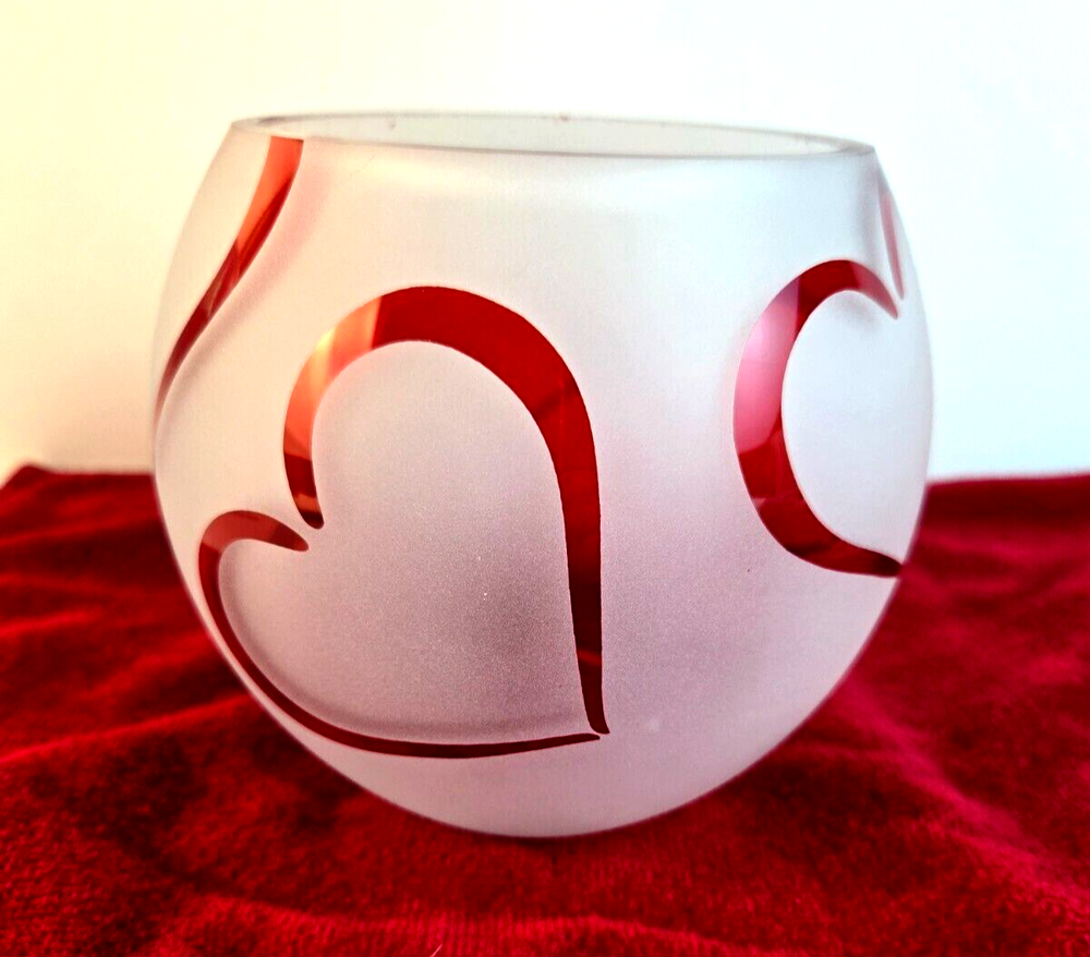 TeleFlora Frosted Glass Vase Bowl Red Open Hearts