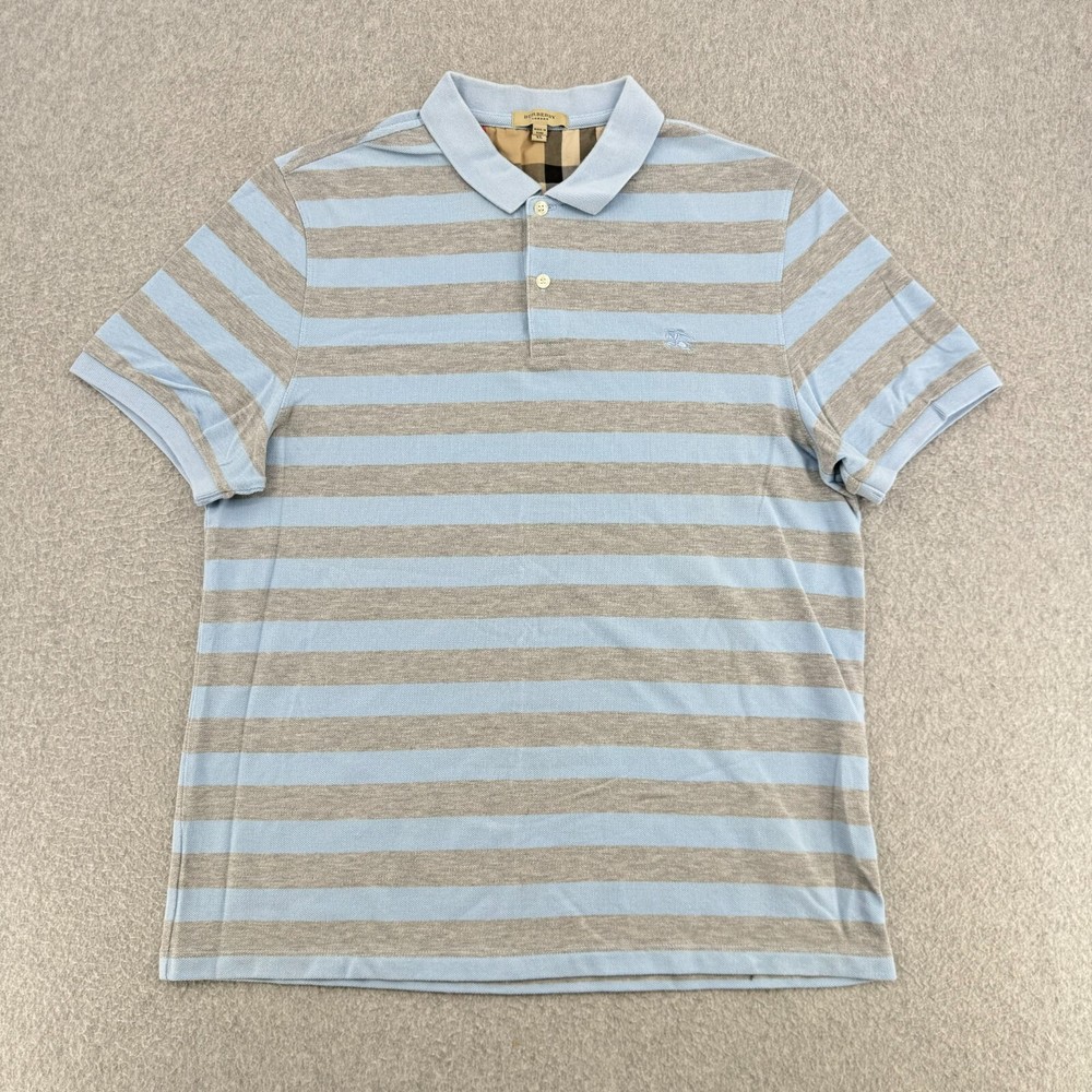 Burberry London Mens XL Blue Gray Stripe Short Sleeve Shirt with Nova Plaid Trim Logo